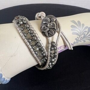 Metallic Grey Beaded Leather Double Wrap Bracelet Floral Button Clasp Boho 13.5"